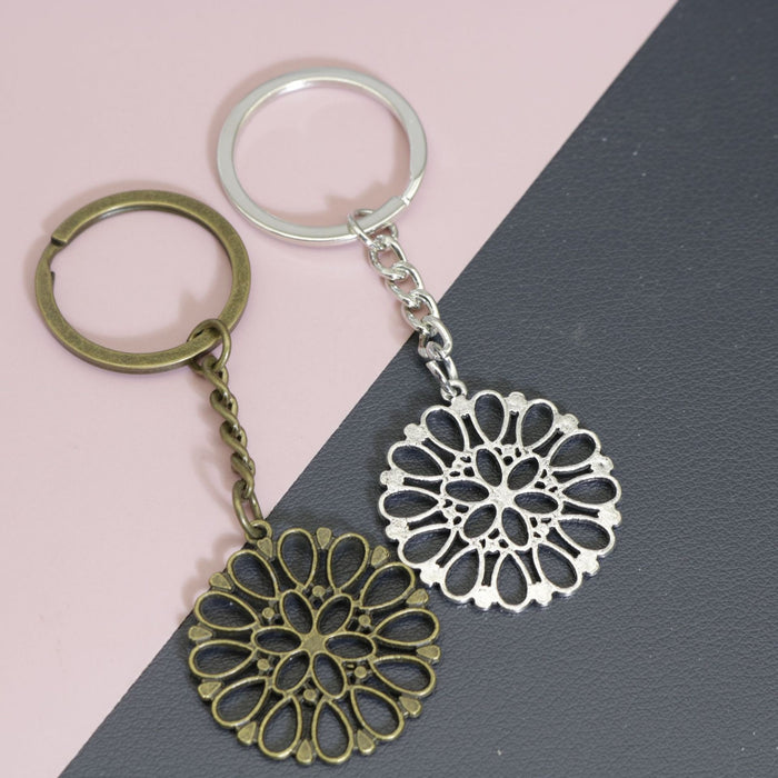 Metal Hollow Floral Disc Keychain Bag Charm Gift