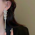 Light Luxury Metal Flower Rhinestone Long Tassel Drop Earrings With Silver Posts view 3
