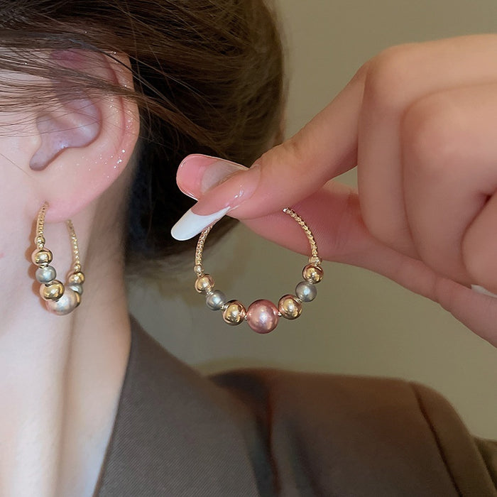 Light Luxury Faux Pearl Ball Twist Texture Geometric Hoop Earrings For Women