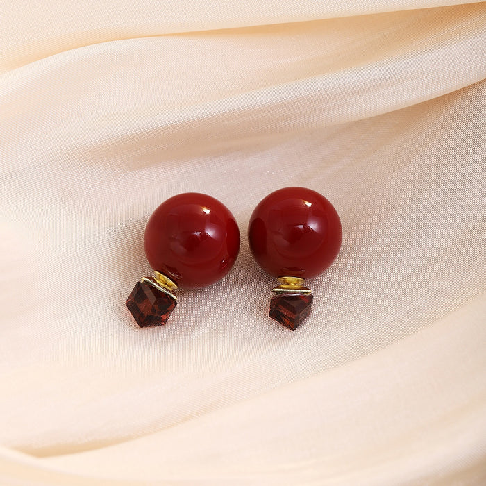 Elegant Red Round Bead And Square Crystal Alloy Stud Front Back Two Way Luxury Fashion Earrings