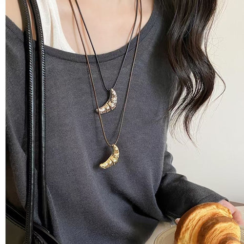 Korean Minimalist Zinc Alloy Croissant Pendant Black Leather Cord Long Sweater Necklace For Women