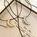 Korean Minimalist Zinc Alloy Croissant Pendant Black Leather Cord Long Sweater Necklace For Women view 2