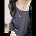 Korean Minimalist Zinc Alloy Croissant Pendant Black Leather Cord Long Sweater Necklace For Women view 4