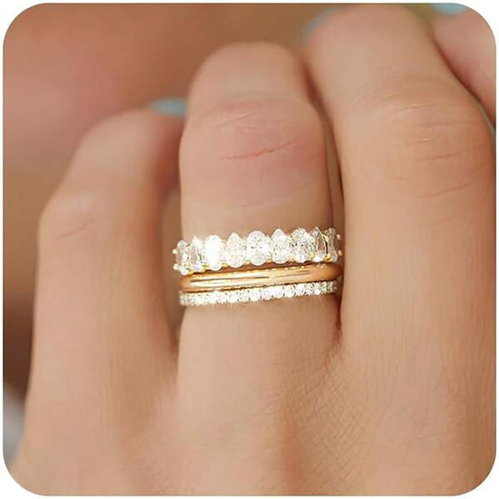 Light Luxury Zircon Geometric Ring Set, 3 Piece Wedding Banquet Dress Jewelry For Women