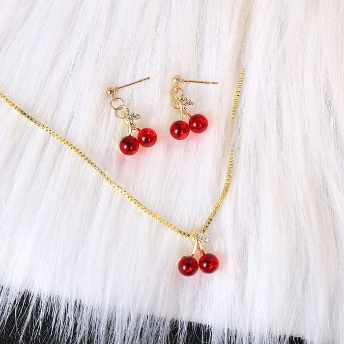 French Vintage Rhinestone Cherry Pendant Necklace Jewelry Set Sweet Luxury Red Crystal Drop Earrings