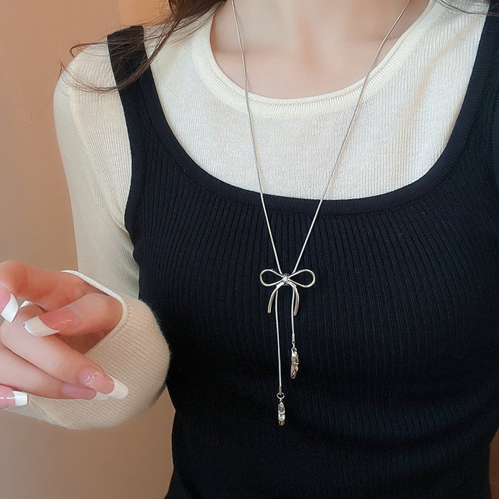 Korean Style Alloy Bow Ballet Shoe Pendant Sweater Necklace For Women Minimalist Fashion Jewelry