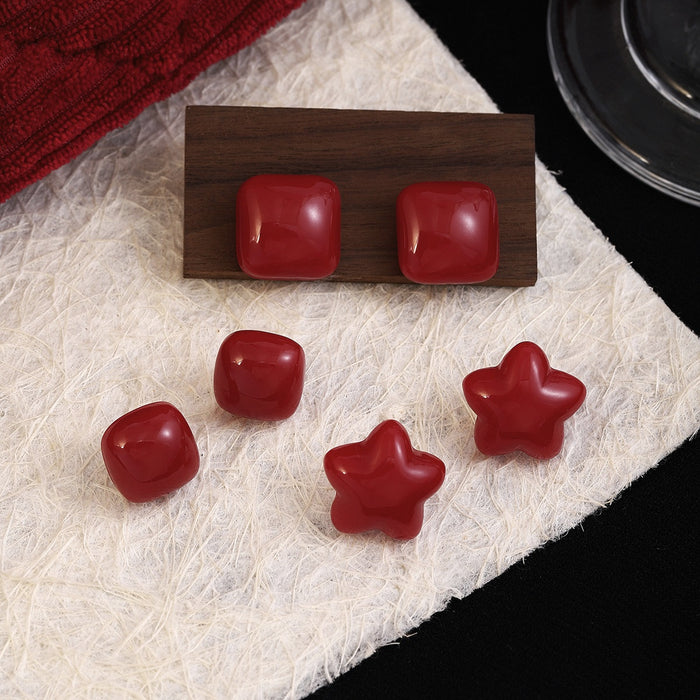 Vintage Glossy Red Acrylic Star Square Round Studs For Women Autumn Winter Hong Kong Style Earrings