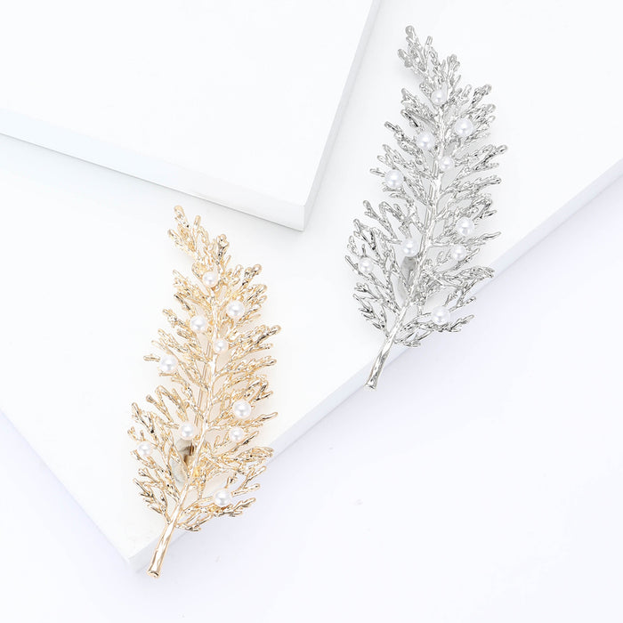 Alloy Pearl Leaf Brooch Pin for Cardigans and Coats