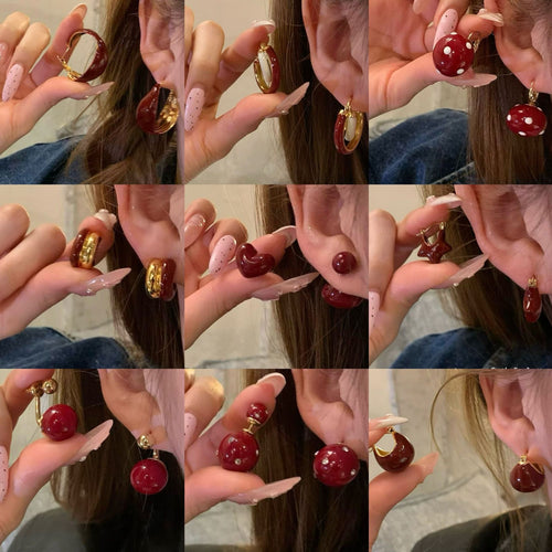 Red Heart Alloy Stud Earrings With Silver Pin Two-Way Light Luxury Fashion Jewelry