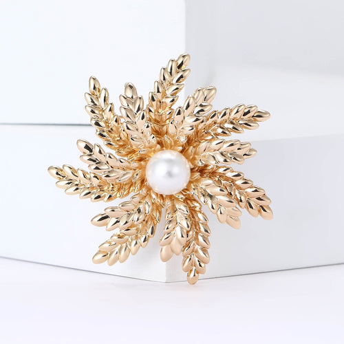 Metal Alloy Pearl Wheat Snowflake Brooch Pin For Sweaters And Coats