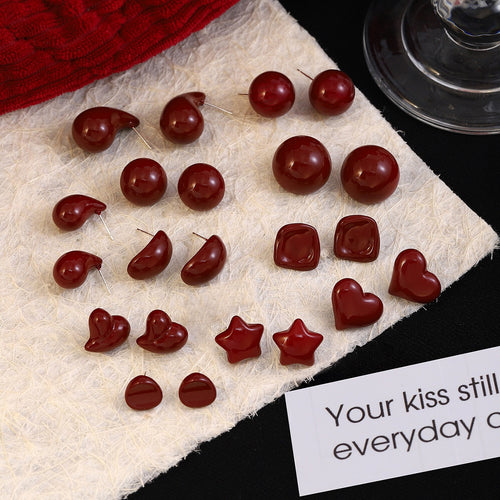 Light Luxury Vintage Glossy Red Enamel Acrylic Irregular Candy Bean Silver Pin Stud Earrings