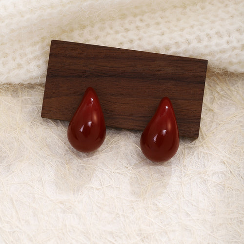 Light Luxury Vintage Glossy Red Enamel Acrylic Irregular Candy Bean Silver Pin Stud Earrings