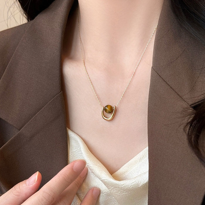 Stainless Steel U-Shaped Tiger Eye Stone Sweater Necklace Vintage Maillard Geometric Pendant