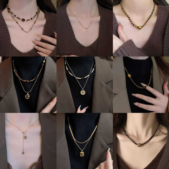 Copper Oval Tiger Eye Stone Necklace For Women Maillard Light Luxury Geometric Collarbone Chain