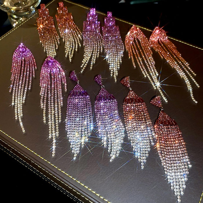 Chic Copper Geometric Rhinestone Tassel Drop Earrings With Silver Pins