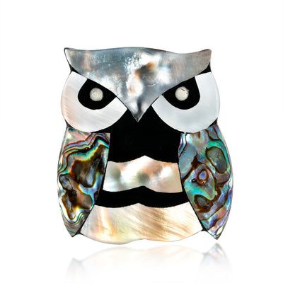 Front product view of the abalone shell brooch pin in black and silver