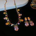 Light Luxury Copper Zircon Flower Leaf Teardrop Pendant Necklace Earrings Jewelry Set view 1