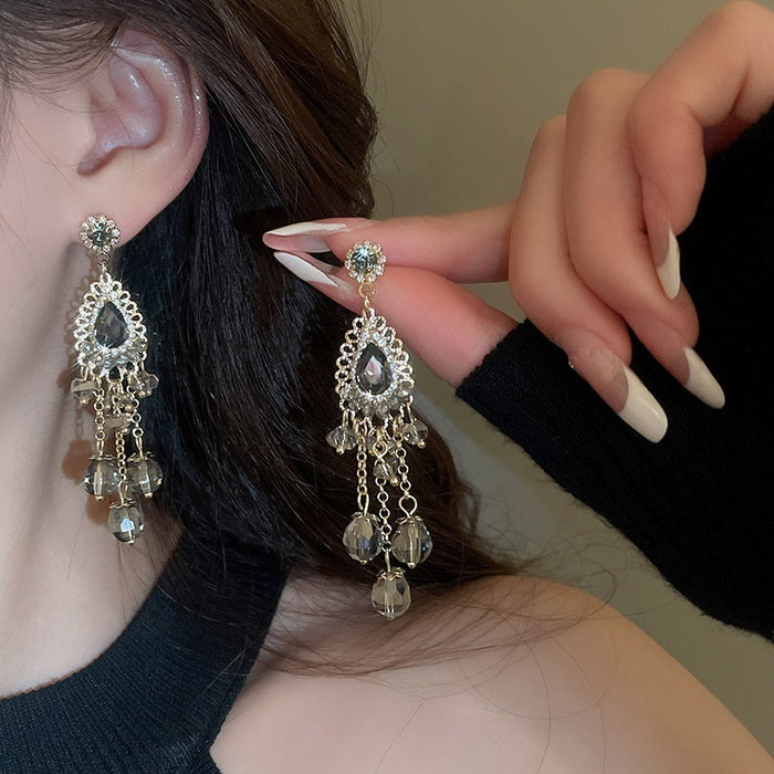 Chic Glass Teardrop Tassel Drop Earrings With Rhinestone Geometric Bohemian Vintage Design