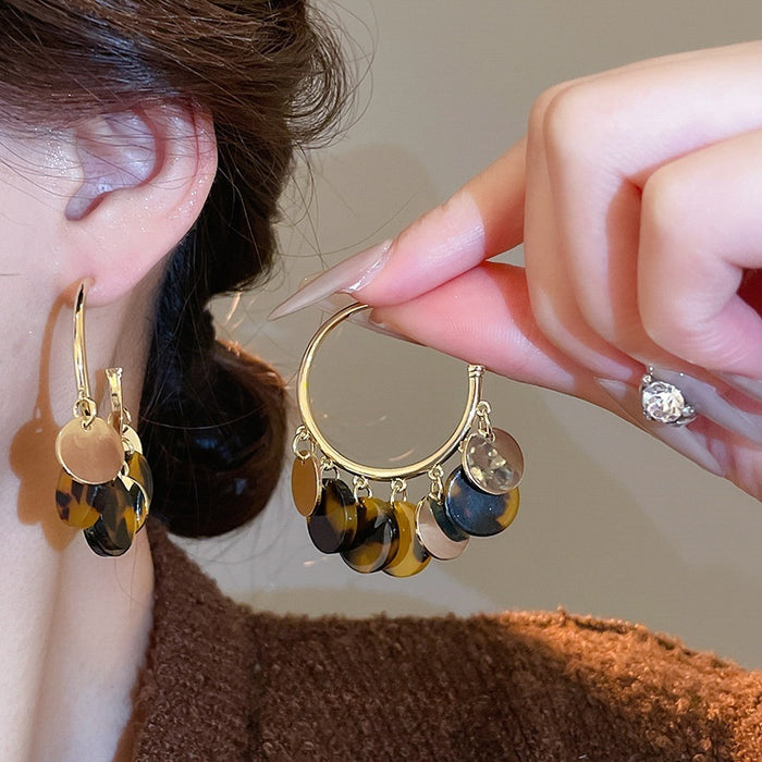 Copper Maillard Leopard Print Hoop Earrings With Silver Pins, Retro Light Luxury Round Ear Jewelry
