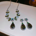 Copper Zircon Flower Leaf Teardrop Pendant Necklace Earrings Jewelry Set For Women view 2