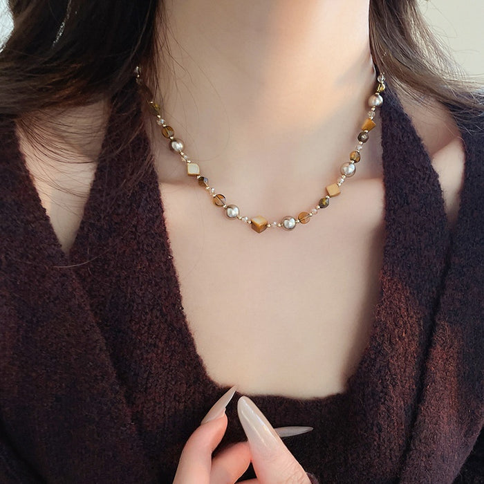 Light Luxury Beaded Tiger Eye Shell Faux Pearl Ring Geometric Choker Necklace For Women