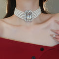 French Light Luxury Alloy Zircon Pearl Multilayer Necklace Earrings Bracelet Jewelry Set view 2