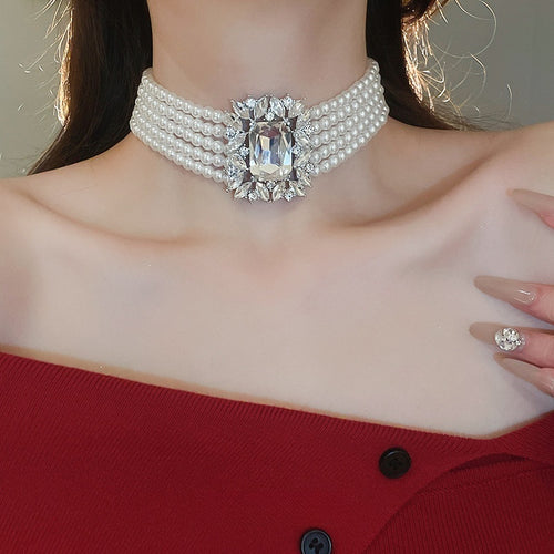 French Light Luxury Alloy Zircon Pearl Multilayer Necklace Earrings Bracelet Jewelry Set