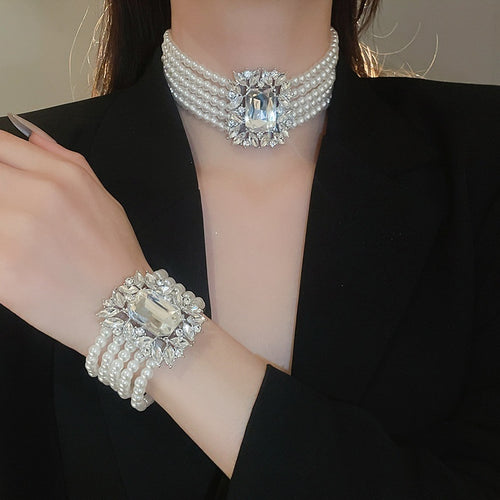 French Light Luxury Alloy Zircon Pearl Multilayer Necklace Earrings Bracelet Jewelry Set