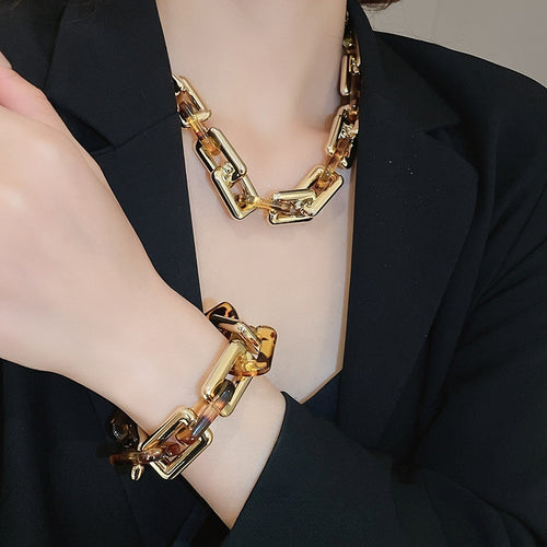 Stainless Steel Leopard Print Square Chain Interlocking Earrings Necklace Bracelet Jewelry Set