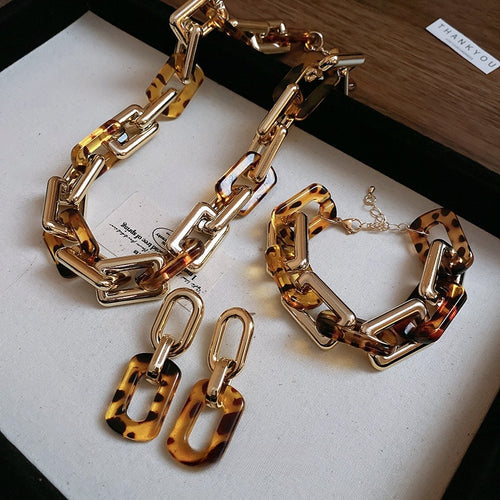 Stainless Steel Leopard Print Square Chain Interlocking Earrings Necklace Bracelet Jewelry Set