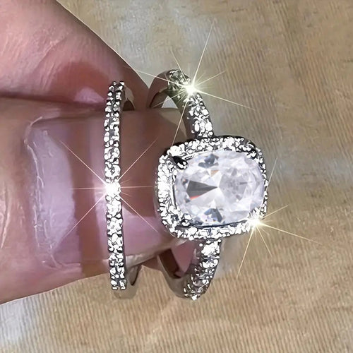 New Luxury Four Prong Inlaid Couple Rings, Geometric Design Women Engagement Jewelry