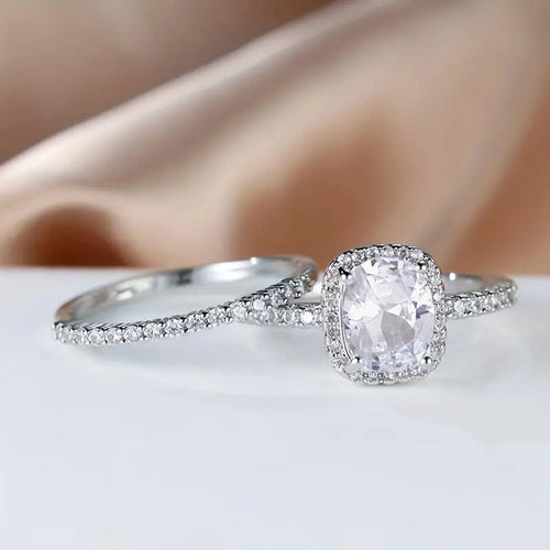 New Luxury Four Prong Inlaid Couple Rings, Geometric Design Women Engagement Jewelry