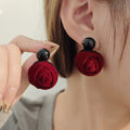 Vintage French Velvet Red Rose Bud Black Pearl Elegant Luxury Winter Drop Earrings view 1
