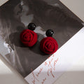 Vintage French Velvet Red Rose Bud Black Pearl Elegant Luxury Winter Drop Earrings view 3