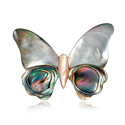 Front product view of the butterfly brooch pin in silver and gold