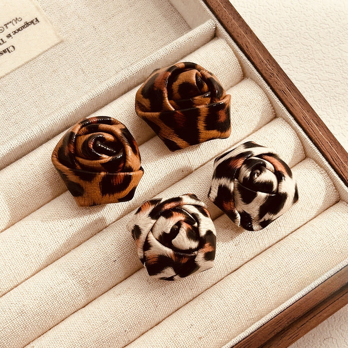 Vintage Leopard Print Acrylic Rose Flower Studs For Women Elegant Maillard Luxury Statement Earrings