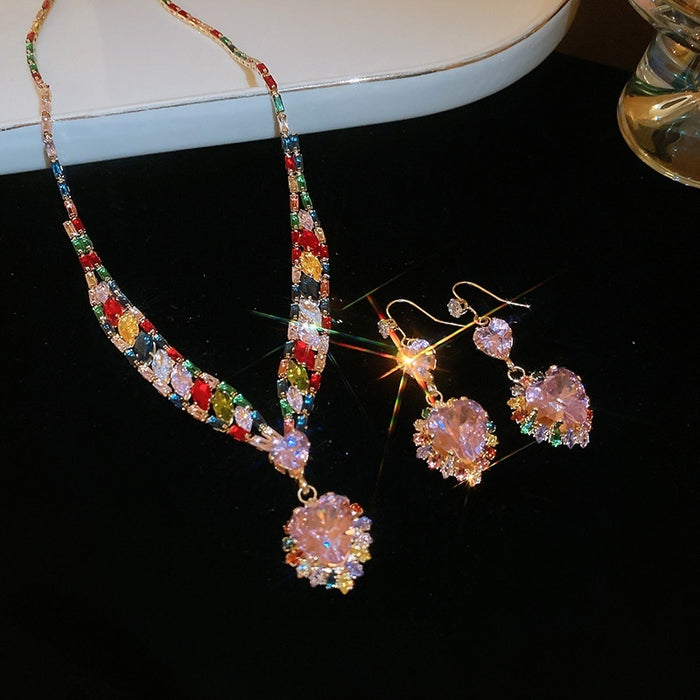 Light Luxury Copper Zircon Heart Pendant Necklace Earrings Jewelry Set