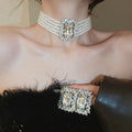Light Luxury Faux Pearl Rhinestone Square Leaf Necklace Earrings Jewelry Set view 1