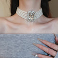 Light Luxury Faux Pearl Rhinestone Square Leaf Necklace Earrings Jewelry Set view 3