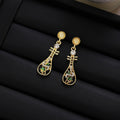 Elegant Luxury Chinese Style Rhinestone Enamel Bamboo Leaf Hollow Pipa Lute Alloy Drop Earrings view 2