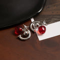 Vintage Silver Alloy Hoop Studs With Red Cherry Pendant Beads, Elegant Fall Winter Tassel Earrings view 4