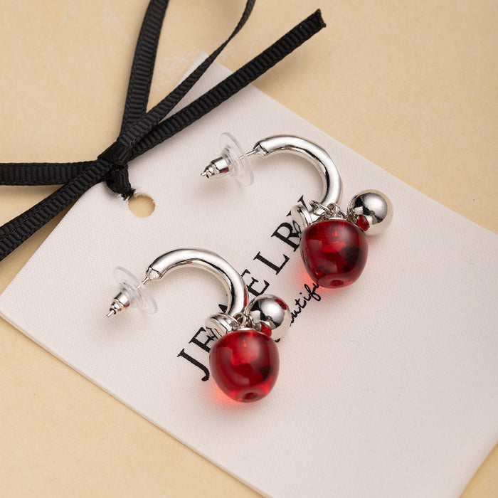 Vintage Silver Alloy Hoop Studs With Red Cherry Pendant Beads, Elegant Fall Winter Tassel Earrings