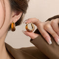 Vintage Gold Plated U Shaped Resin Ear Cuff Earrings With Round Maillard Accent For Women view 4