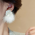 French Light Luxury Alloy Flower Fur Ball Stud Earrings For Women Autumn Winter Fashion view 3