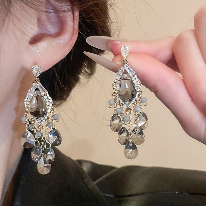 Light Luxury Teardrop Glass Bead Tassel Drop Earrings With Zircon Silver Needle Vintage Style