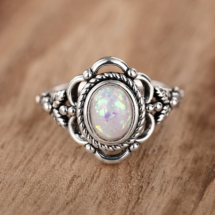 Vintage Faux Opal Flower Ring For Women, Versatile Fashion Personality Finger Jewelry