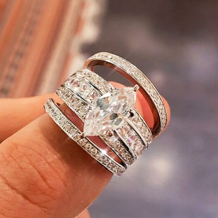 Marquise Geometric Zircon Ring Set For Women, 3 Piece Light Luxury Engagement Wedding Rings