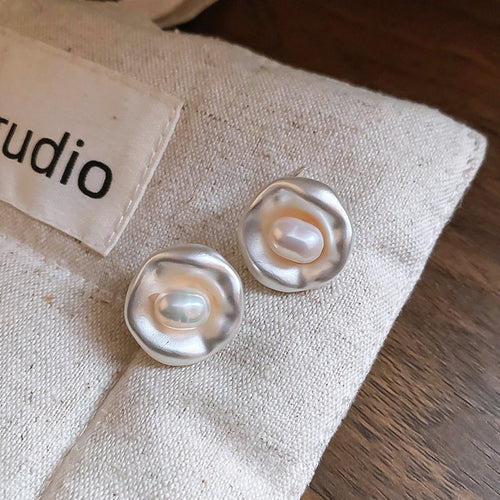 Chic French Style Freshwater Pearl Stud Earrings For Women, Geometric Round Minimalist Jewelry