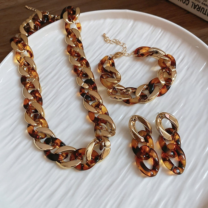 Maillard Leopard Print Acrylic Oval Interlocking Earrings Necklace Bracelet Jewelry Set