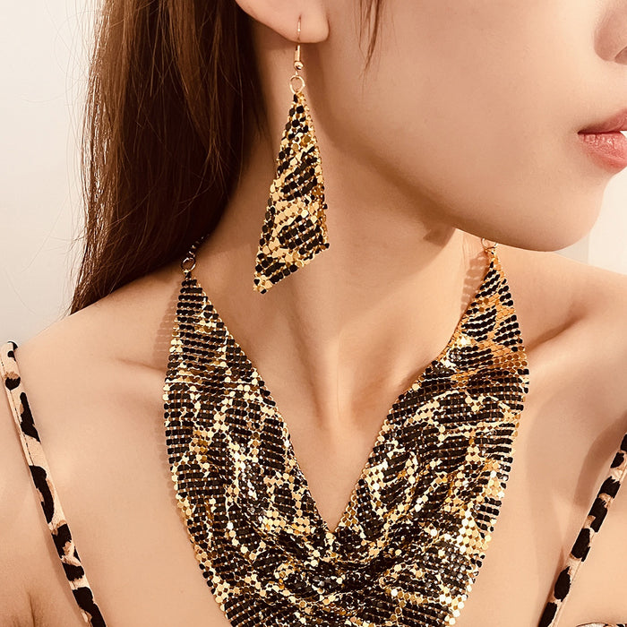 Luxury Leopard Print Triangle Alloy Rhinestone Tassel Drop Dangle Statement Jewelry Set Earrings